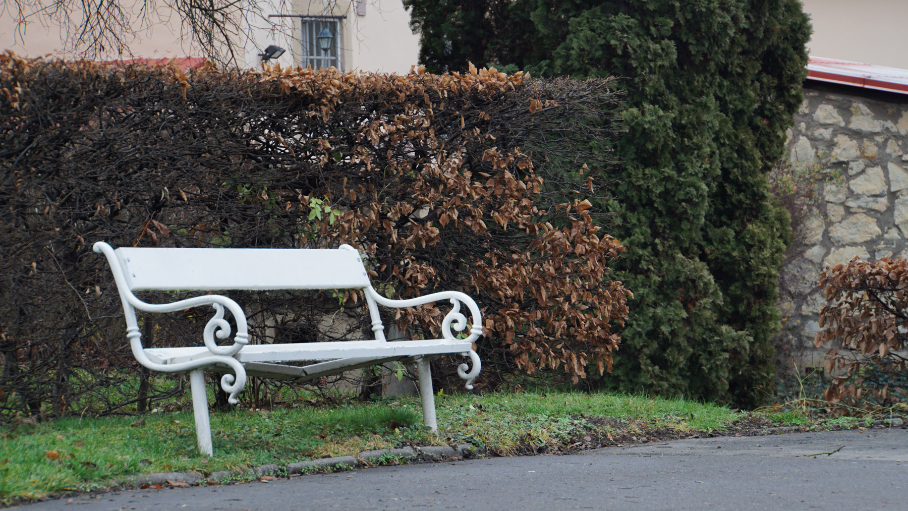 A white bench in a park