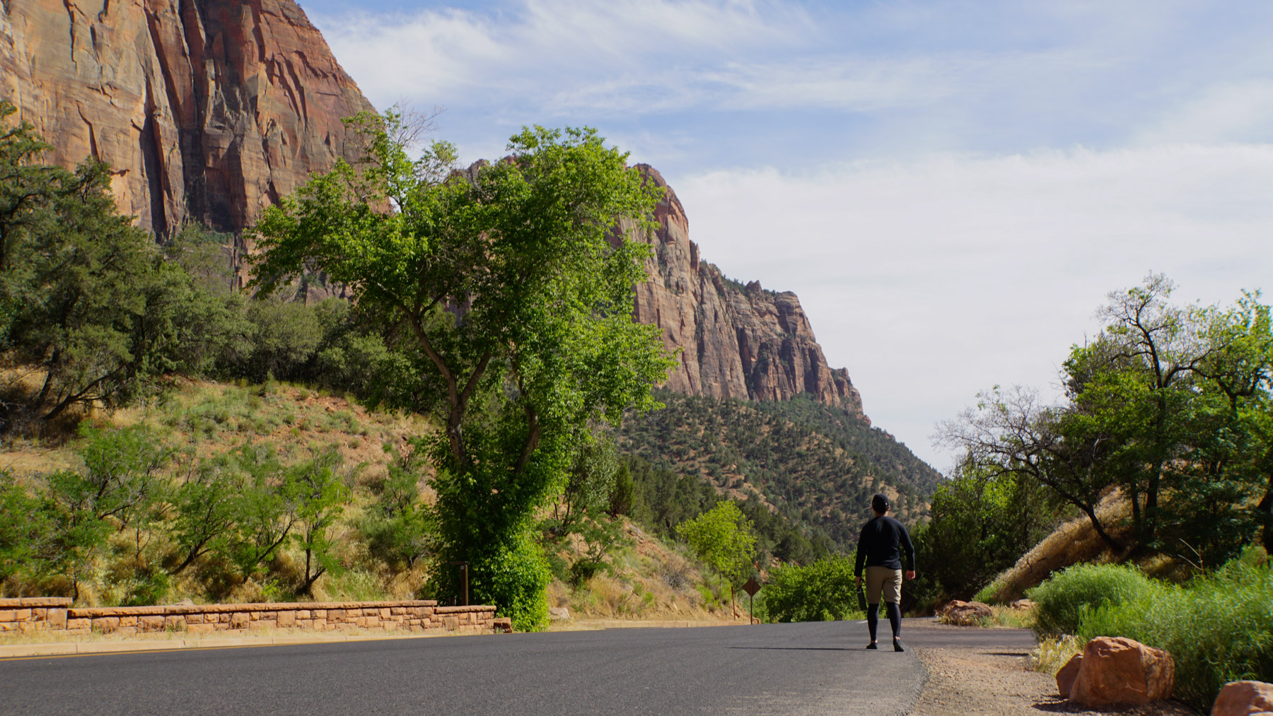 A view of the park's red hills and a road